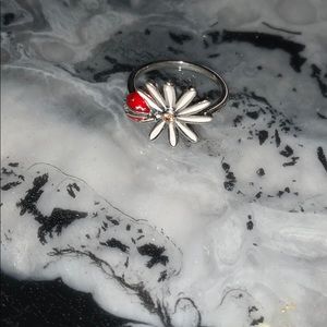 Real silver lady bug and flower ring